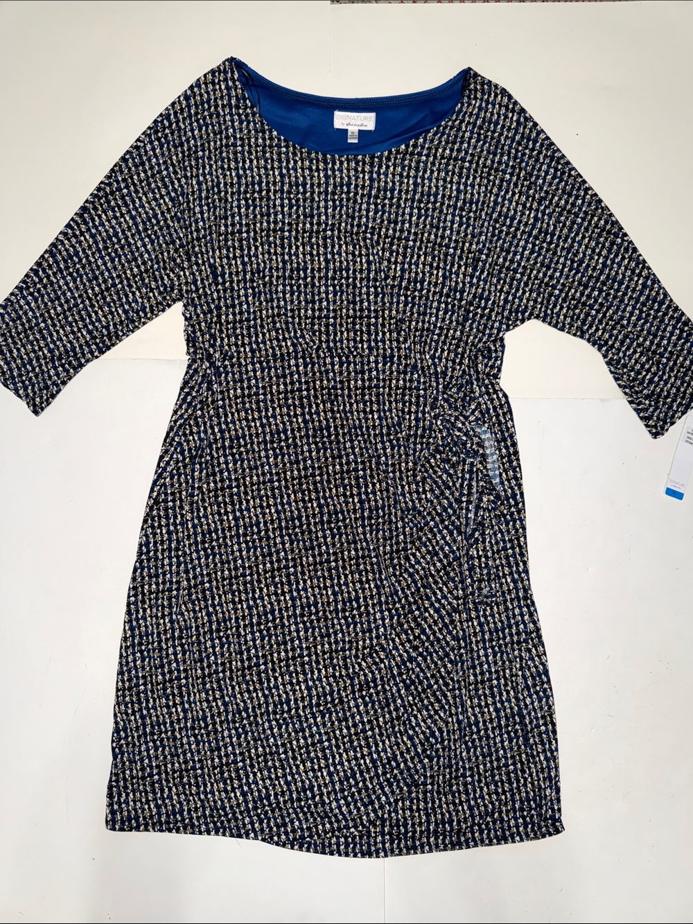 Robbie Bee Wrap Navy & Cream Knit to the Knee Dress